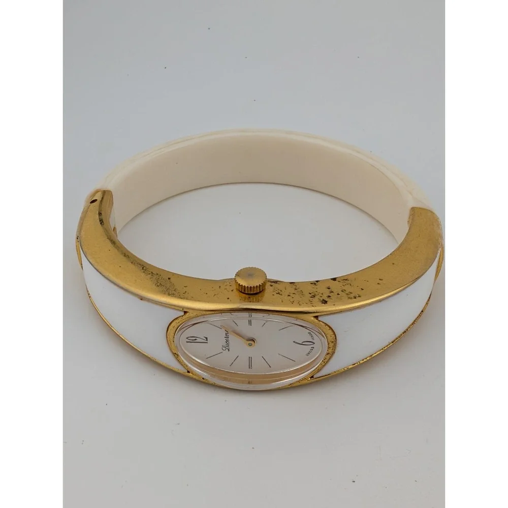 Vintage Lucerne Mechanical Watch Women 19mm Case White/Gold Bangle Band- Working
